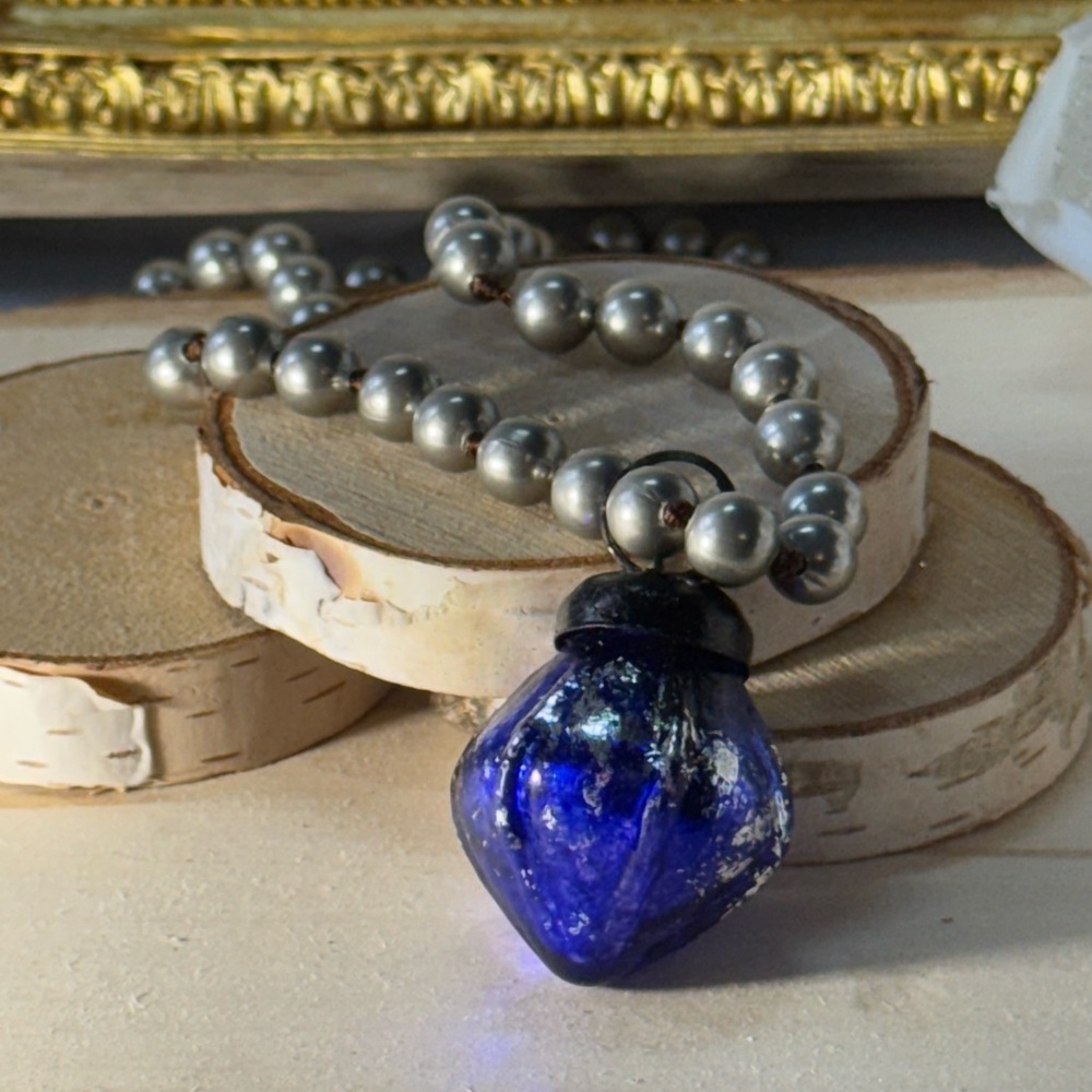 Artisan Handknotted Silver Necklace with Blue Vintage Ornament Pendant